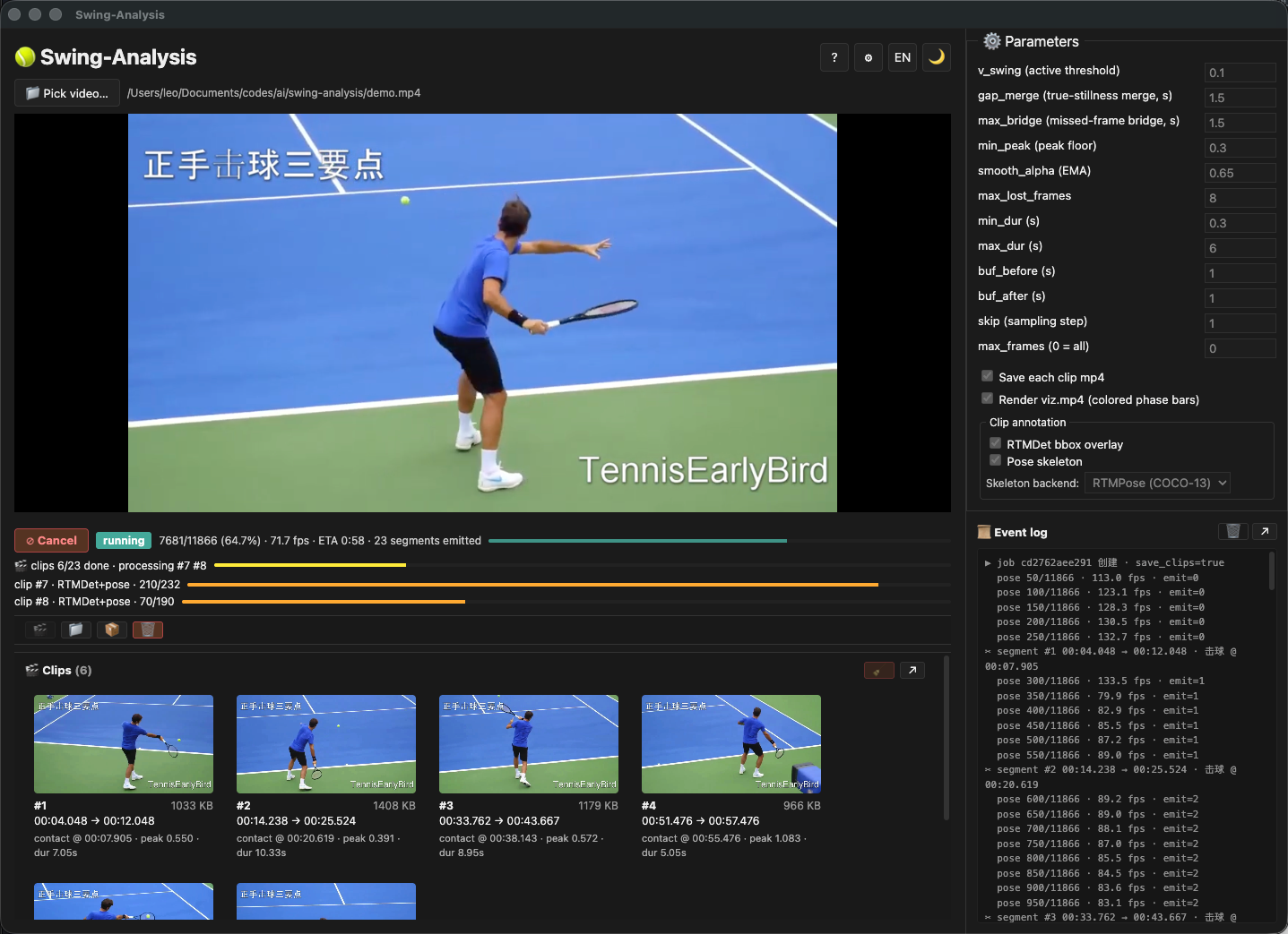 Swing-Analysis main window — original video loaded with clip strip below